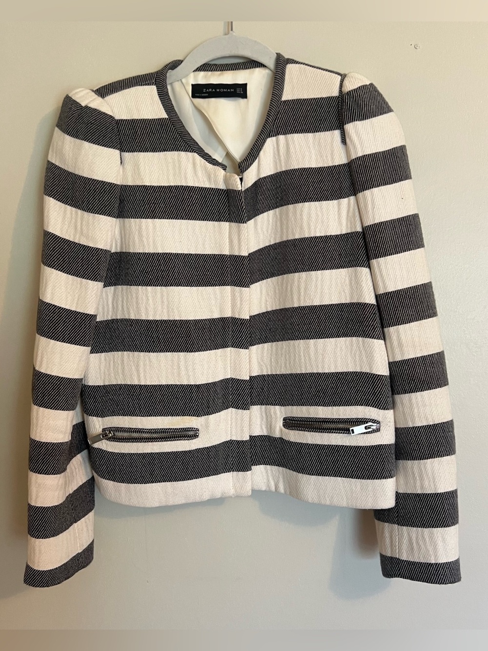 Zara Black and White Horizontal Stripe Tailored Jacket